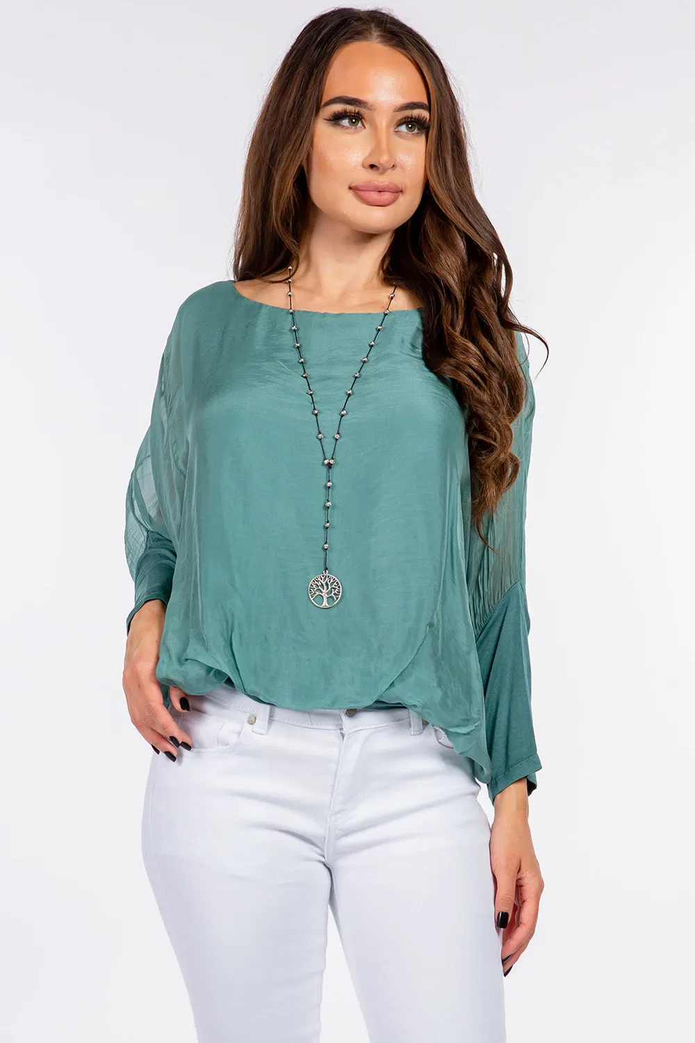 Raw Moda Solid Silk Elastic Sleeves Top