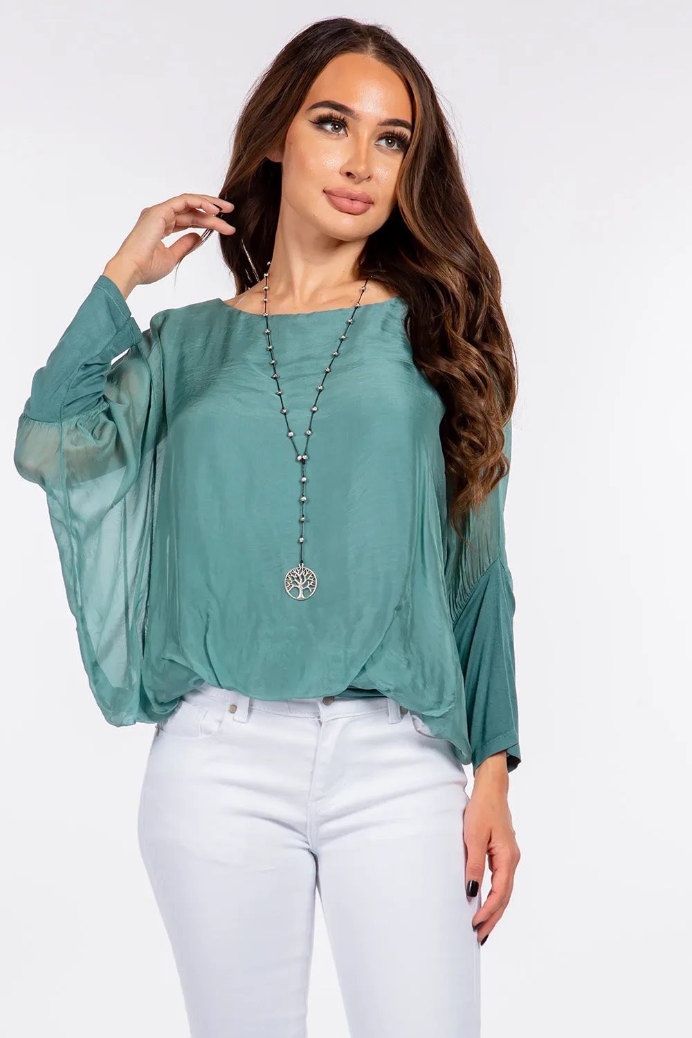 Raw Moda Solid Silk Elastic Sleeves Top