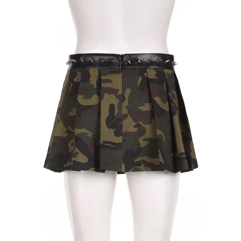 Retro Harajuku Camouflage Pleated Skirt Women Rivet Patchwork Spliced Summer Short Skirts Camo Outfits Hottie Casual