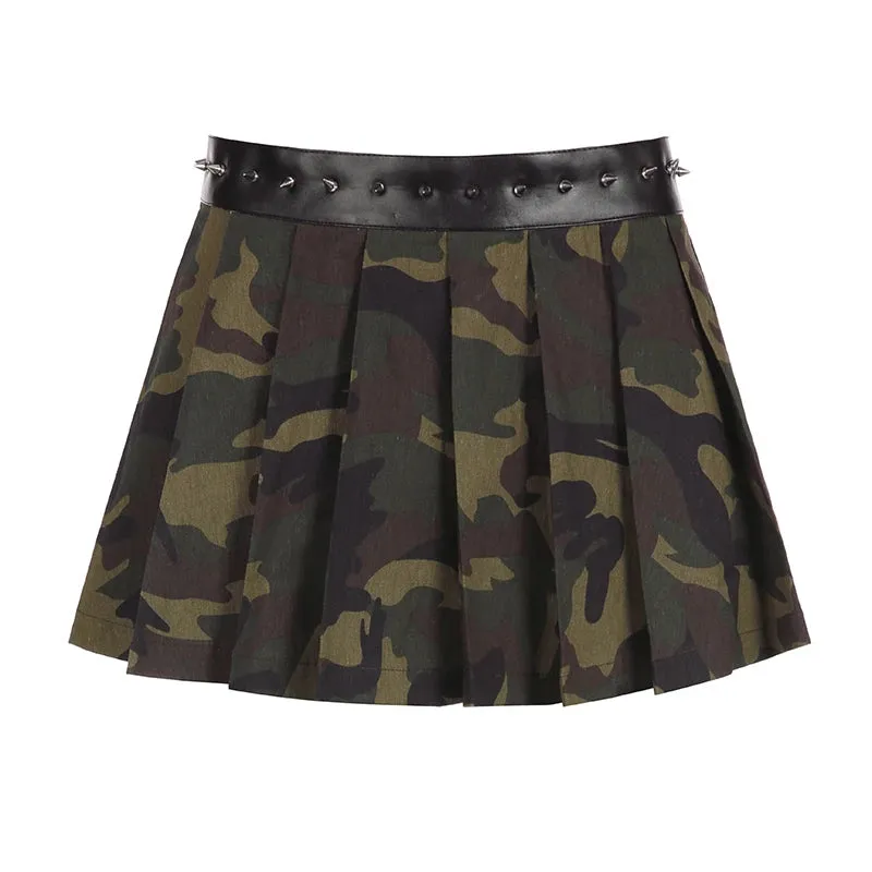 Retro Harajuku Camouflage Pleated Skirt Women Rivet Patchwork Spliced Summer Short Skirts Camo Outfits Hottie Casual