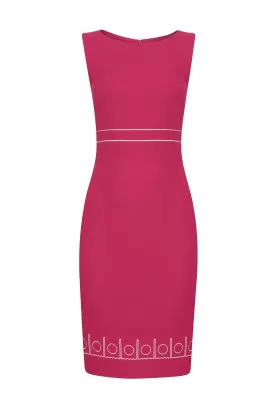 Sleeveless Shift Dress in Berry Pink with Ivory Embroidered Border - Aude