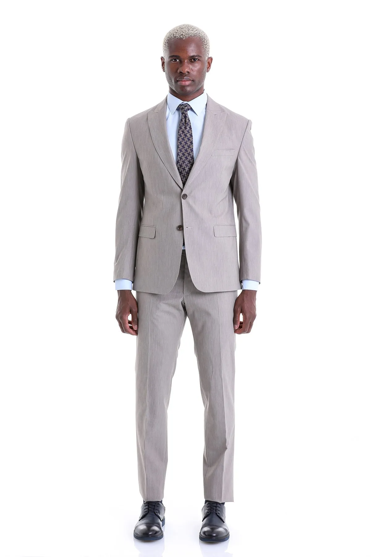 Slim Fit Beige Peak Lapel Wool Blend Classic Suit