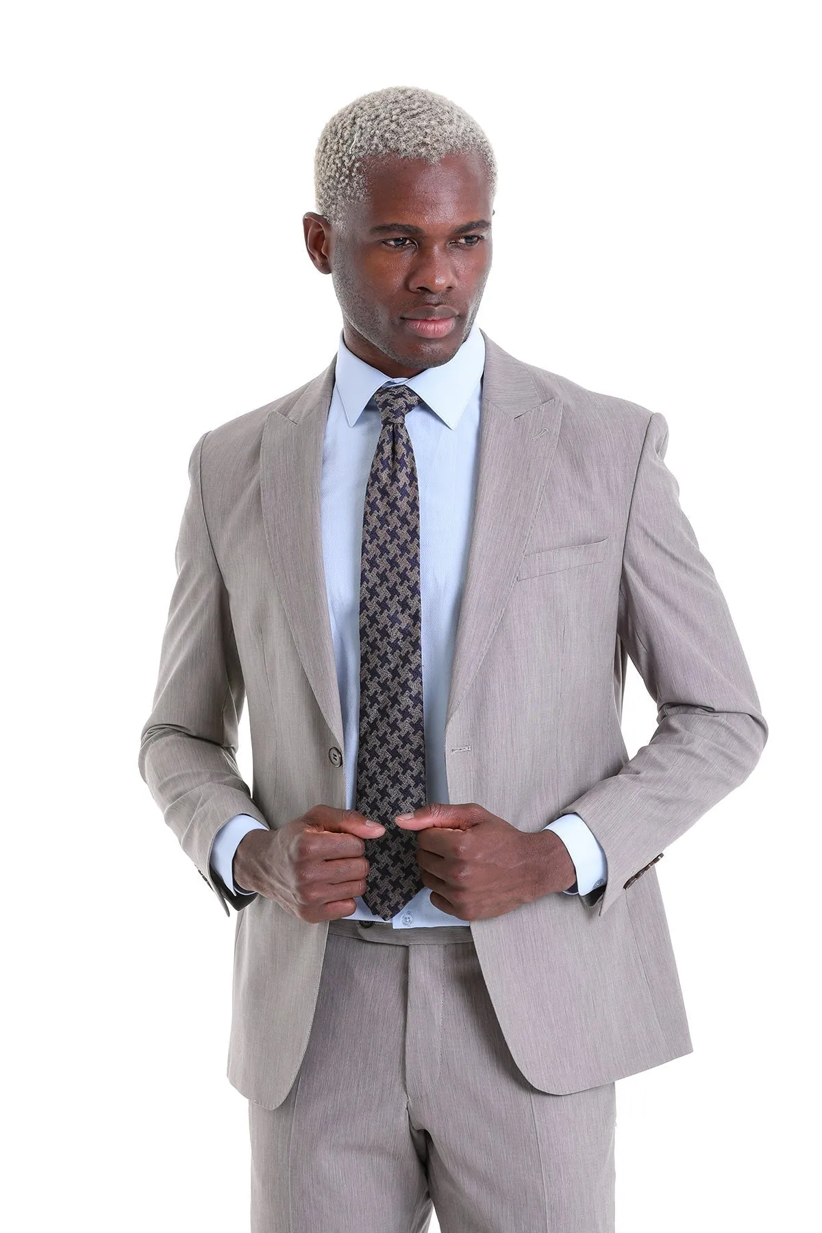 Slim Fit Beige Peak Lapel Wool Blend Classic Suit