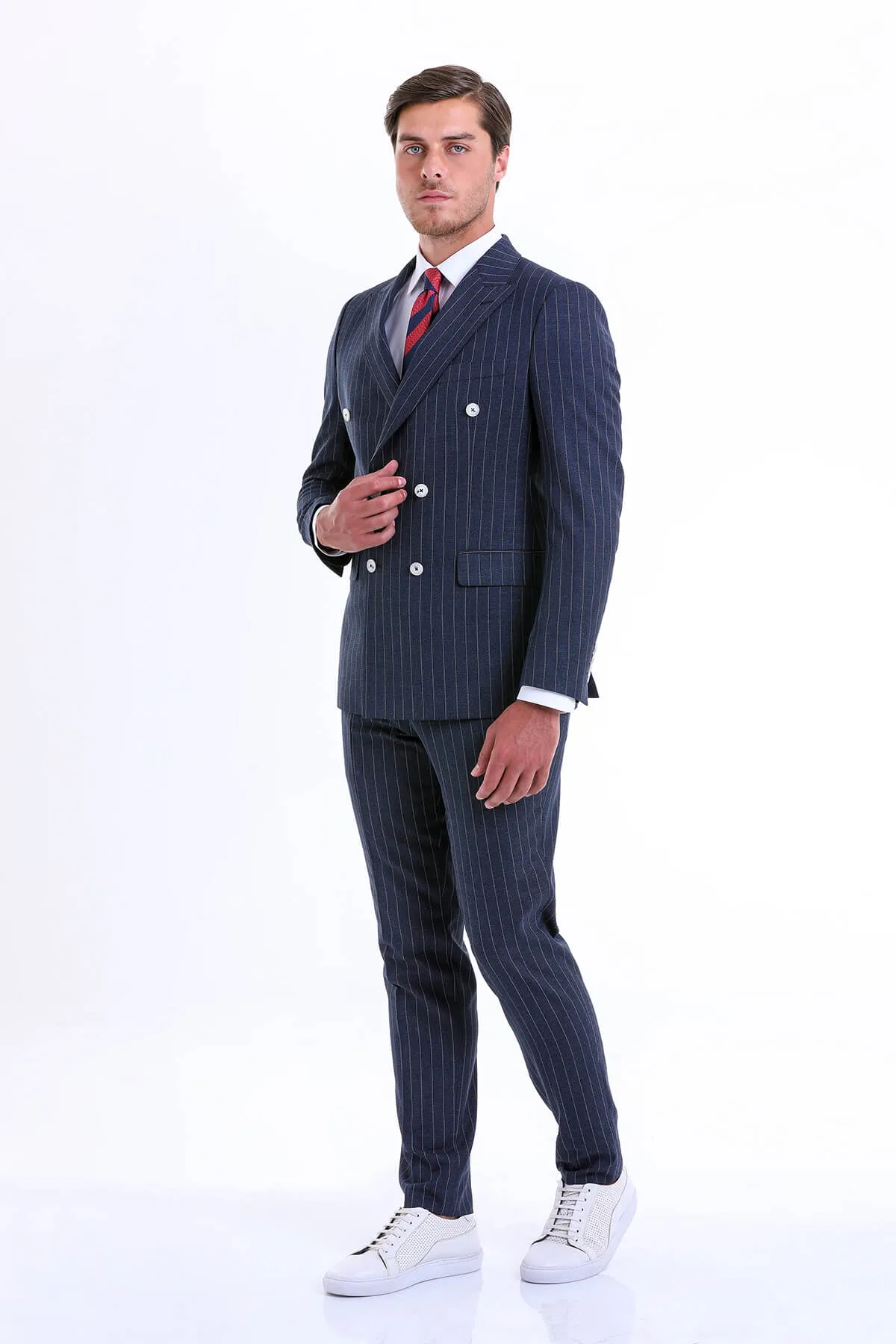 Slim Fit Double Breasted Pinstripe Navy Casual Suit