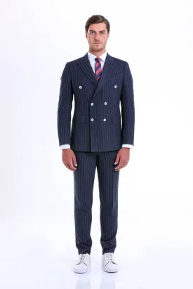 Slim Fit Double Breasted Pinstripe Navy Casual Suit