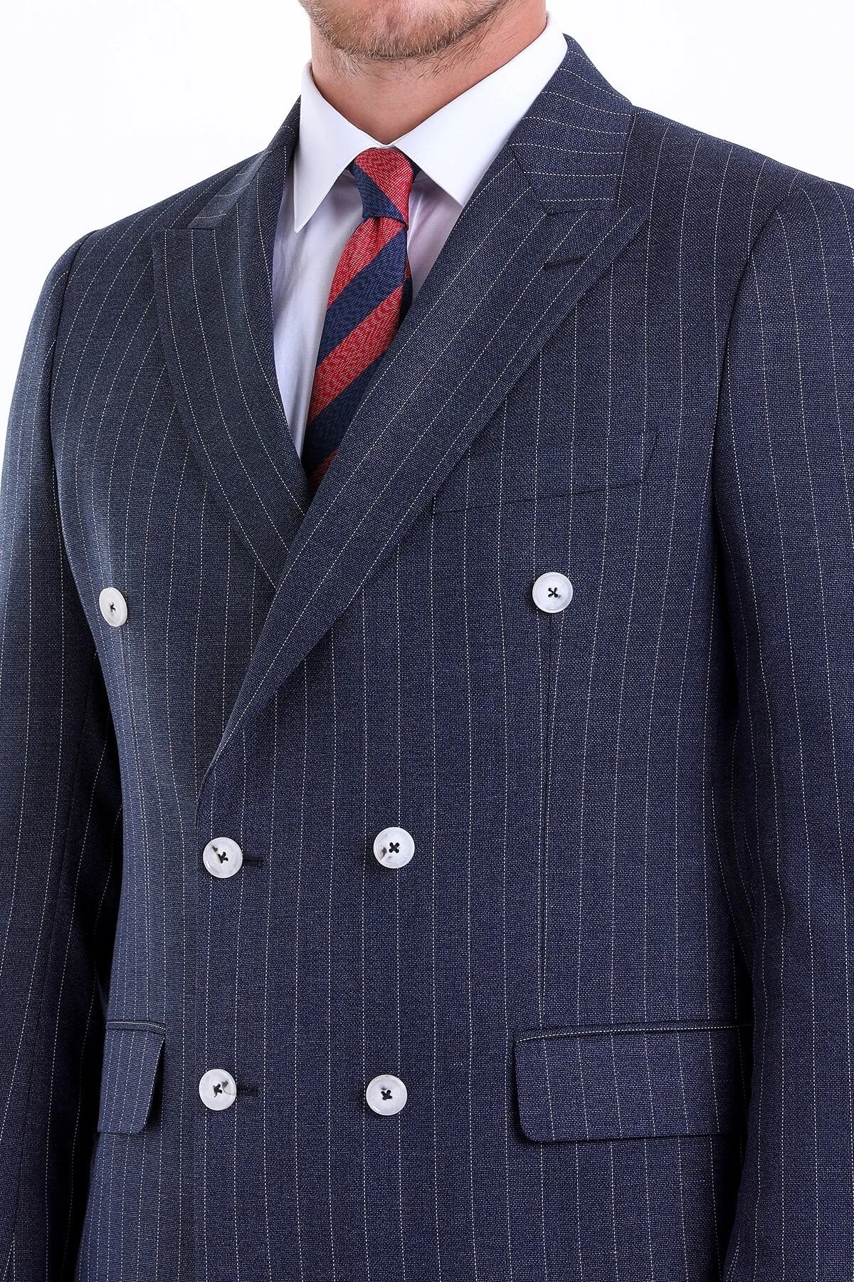 Slim Fit Double Breasted Pinstripe Navy Casual Suit