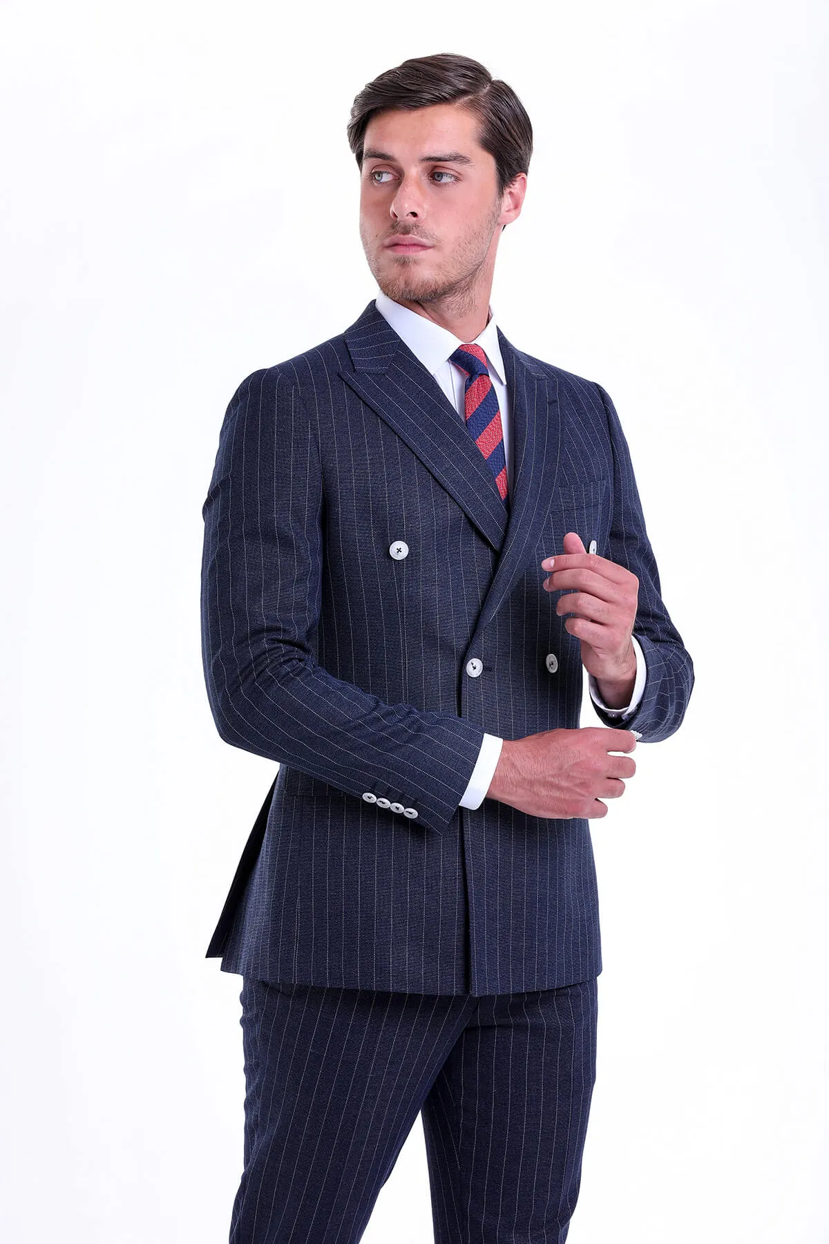 Slim Fit Double Breasted Pinstripe Navy Casual Suit