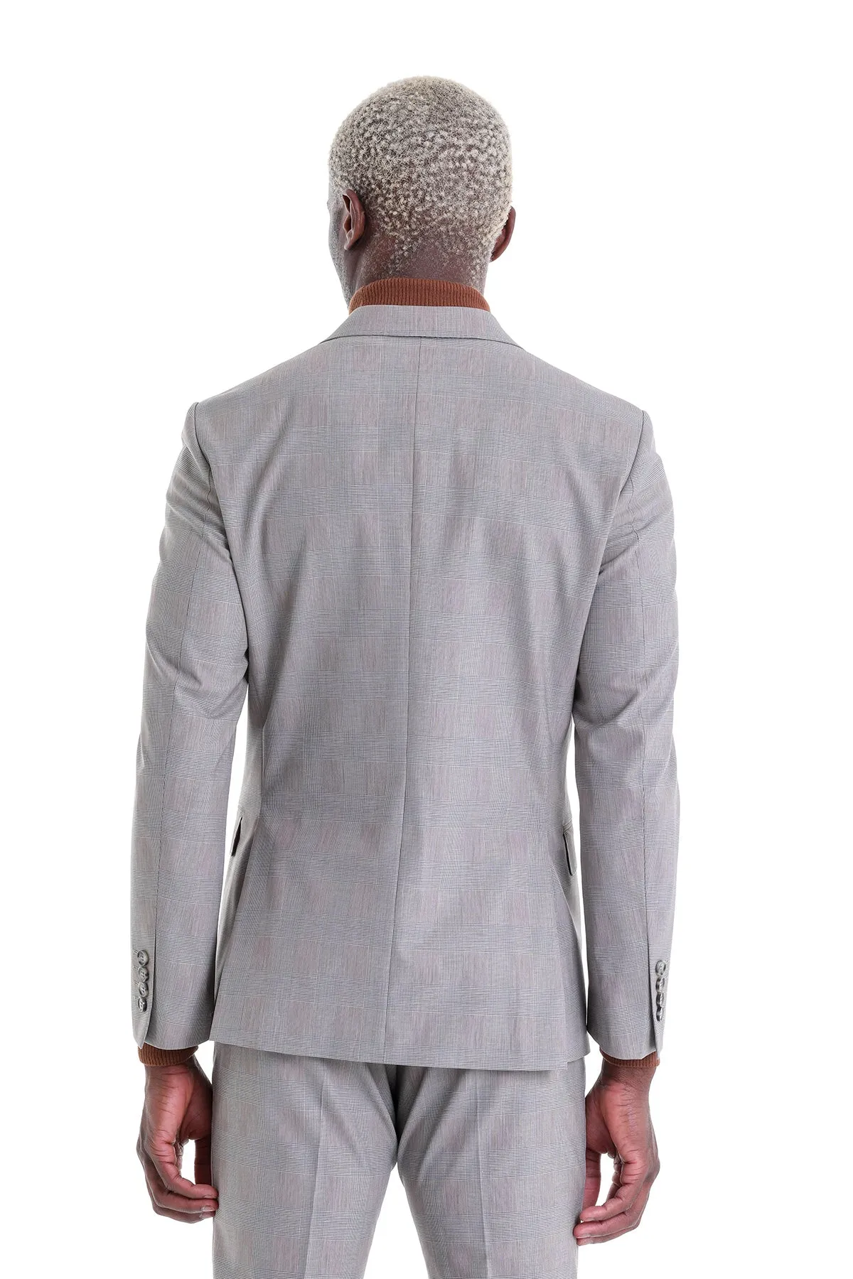 Slim Fit Gray Peak Lapel Plaid Wool Blend Classic Suit