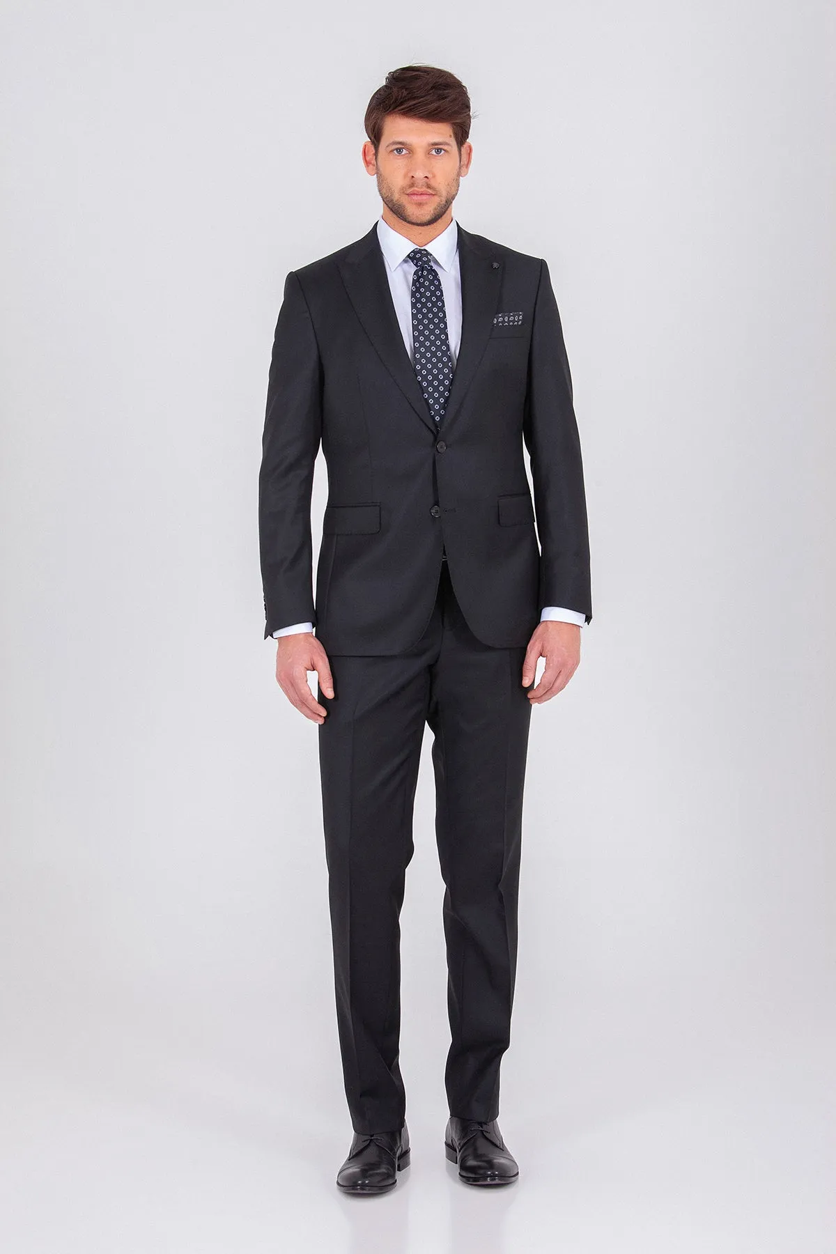 Slim Fit Peak Lapel Wool Blend Black Classic Suit