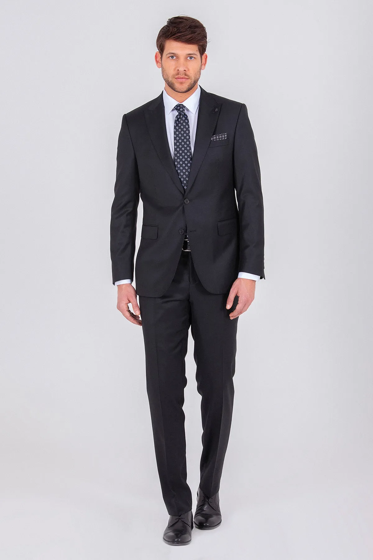 Slim Fit Peak Lapel Wool Blend Black Classic Suit