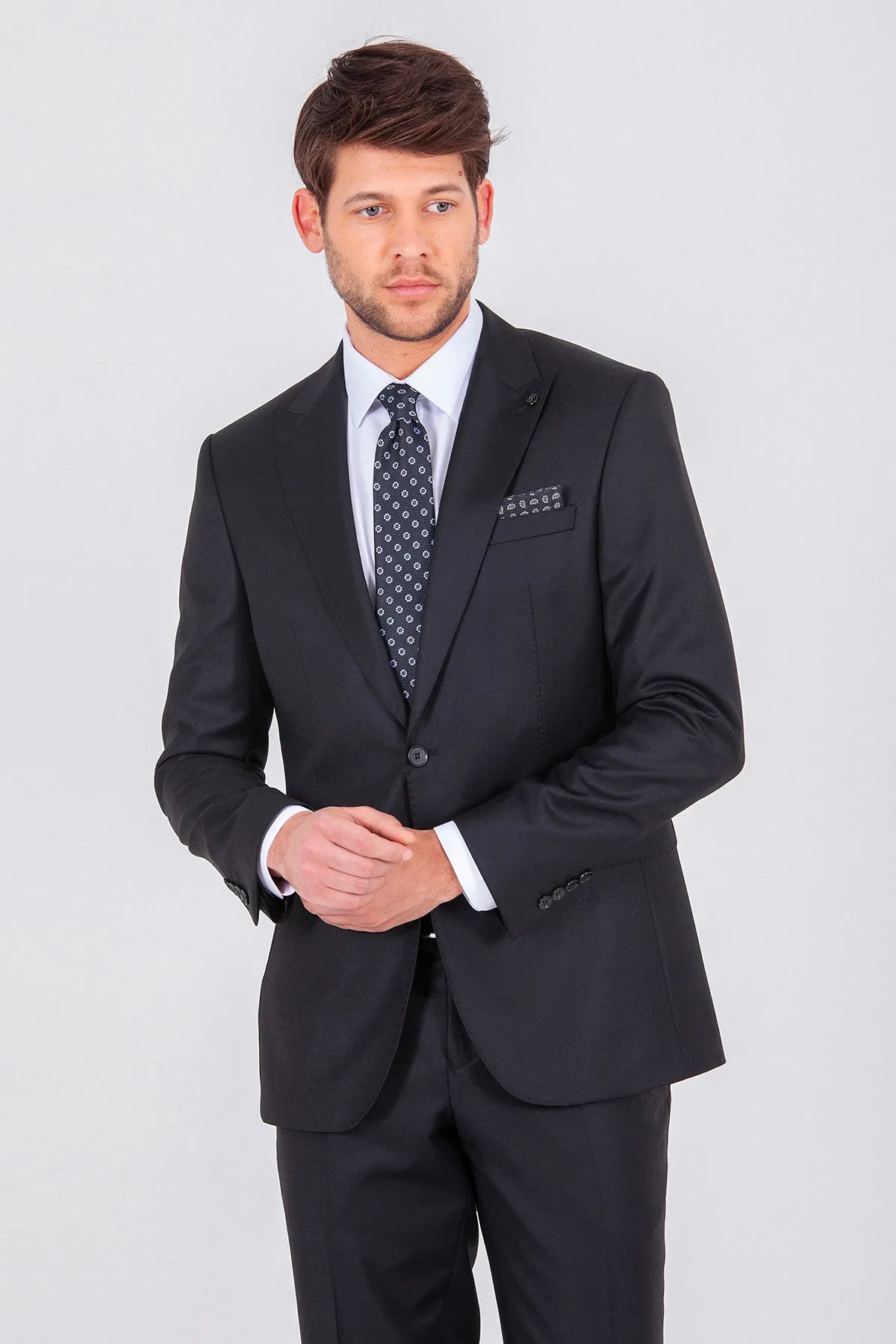 Slim Fit Peak Lapel Wool Blend Black Classic Suit