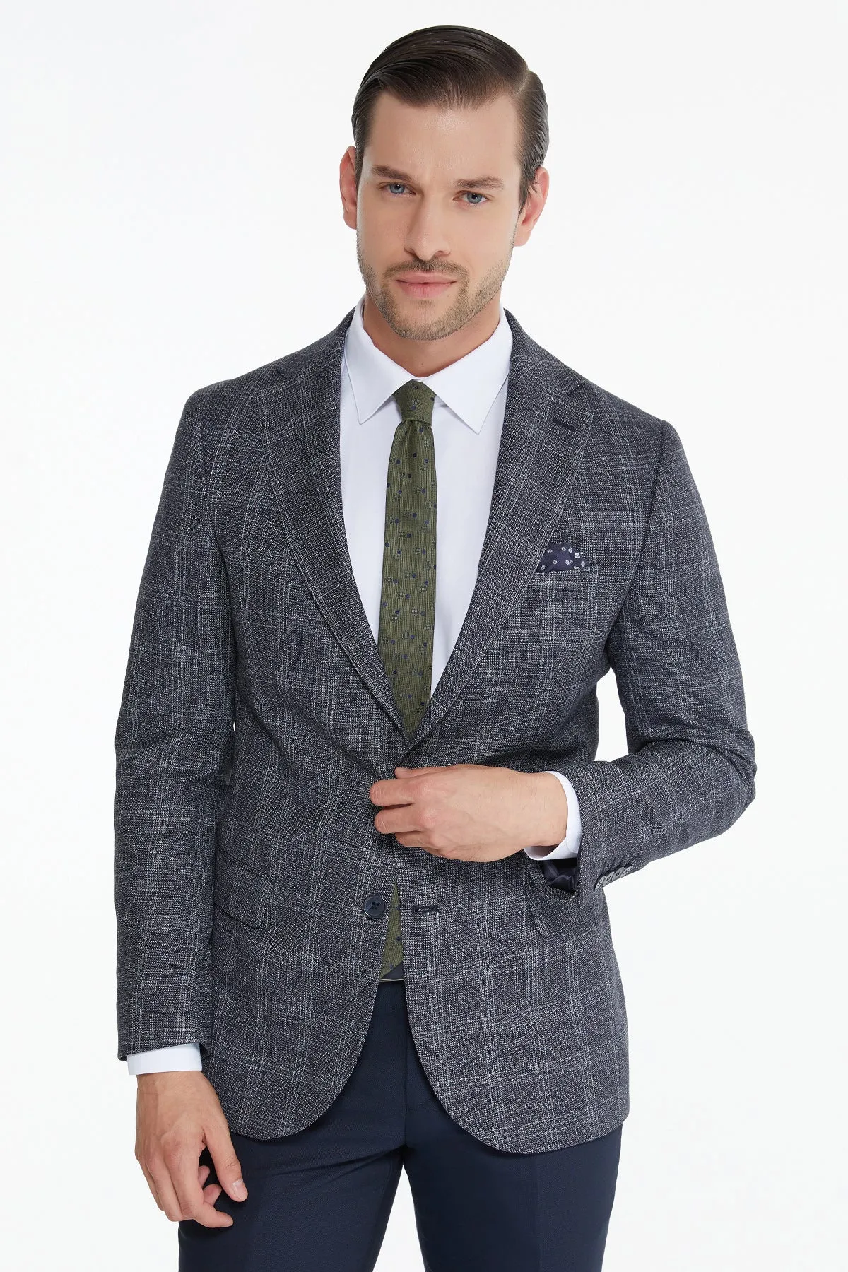 Slim Fit Tonal Plaid Notch Lapel Navy Casual Suit