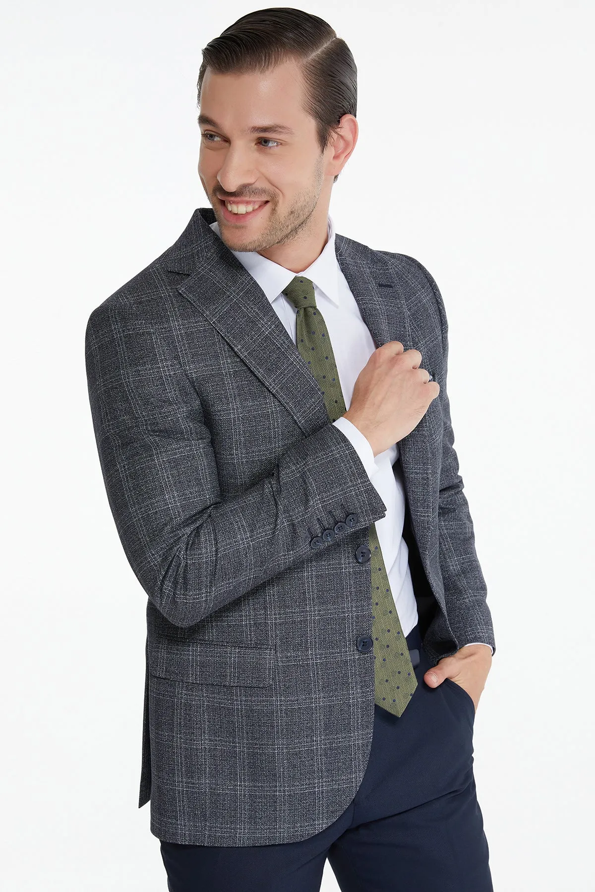 Slim Fit Tonal Plaid Notch Lapel Navy Casual Suit