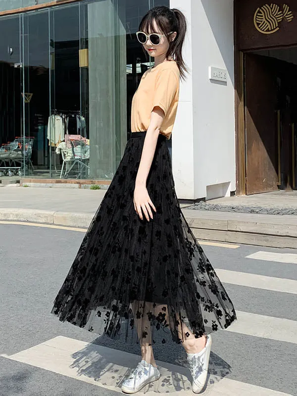 Stylish Floral A-Line Gauze Skirt