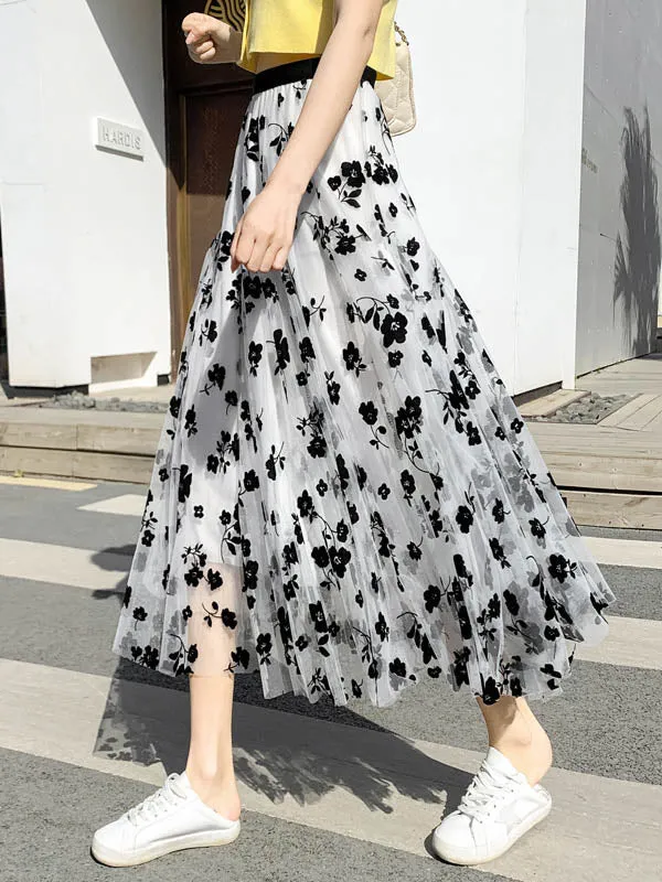 Stylish Floral A-Line Gauze Skirt