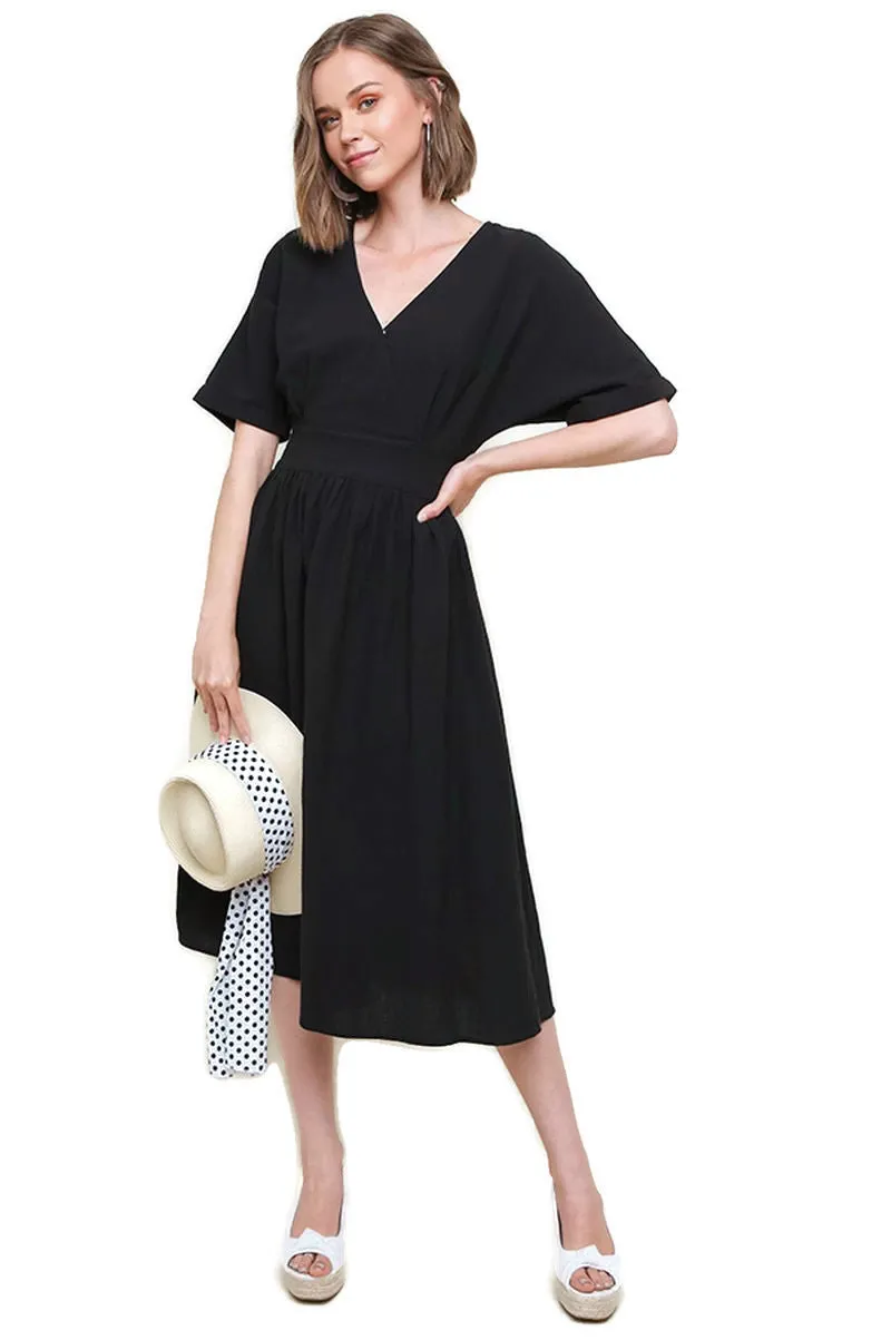 Surplice Cotton Midi Dress, Black