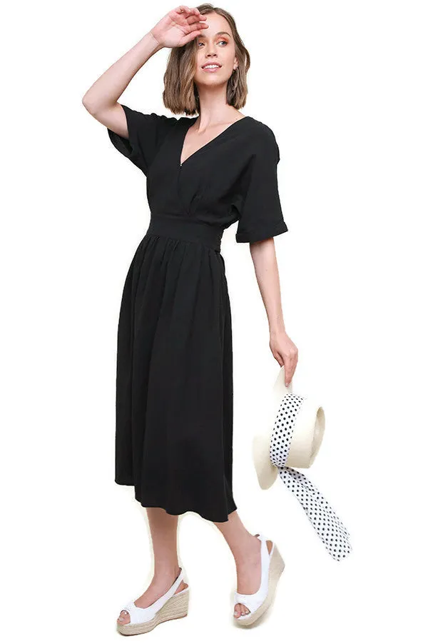 Surplice Cotton Midi Dress, Black