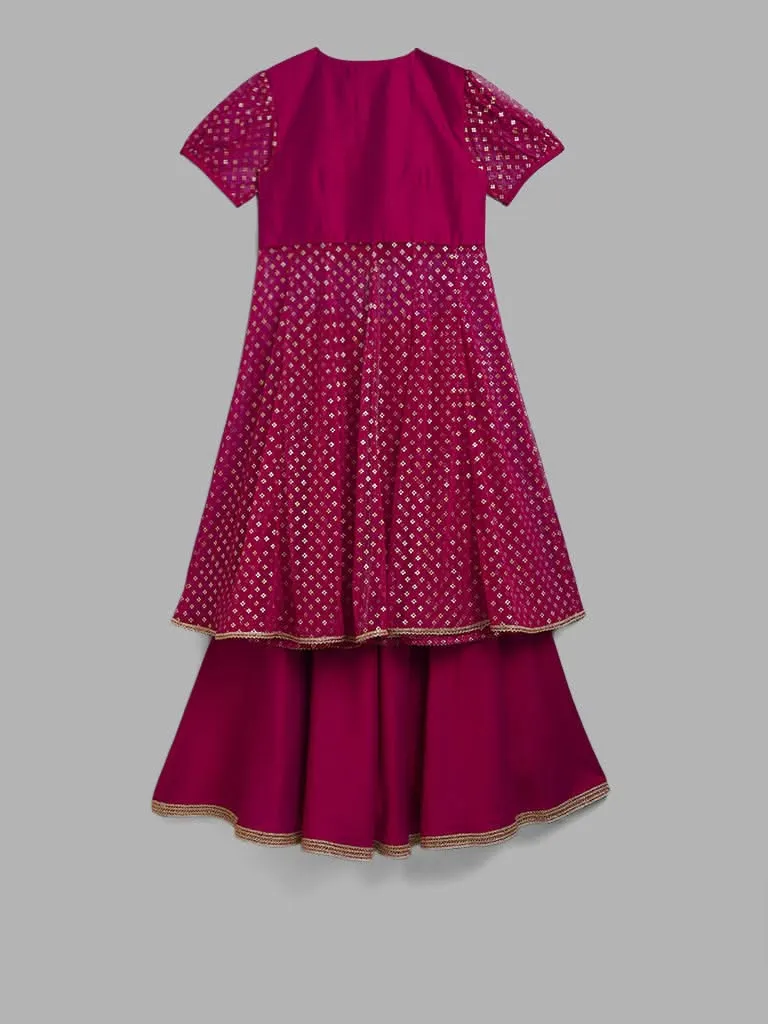 Utsa Kids Dark Pink Floral Embroidered Kurta with Skirt (8 -14yrs)