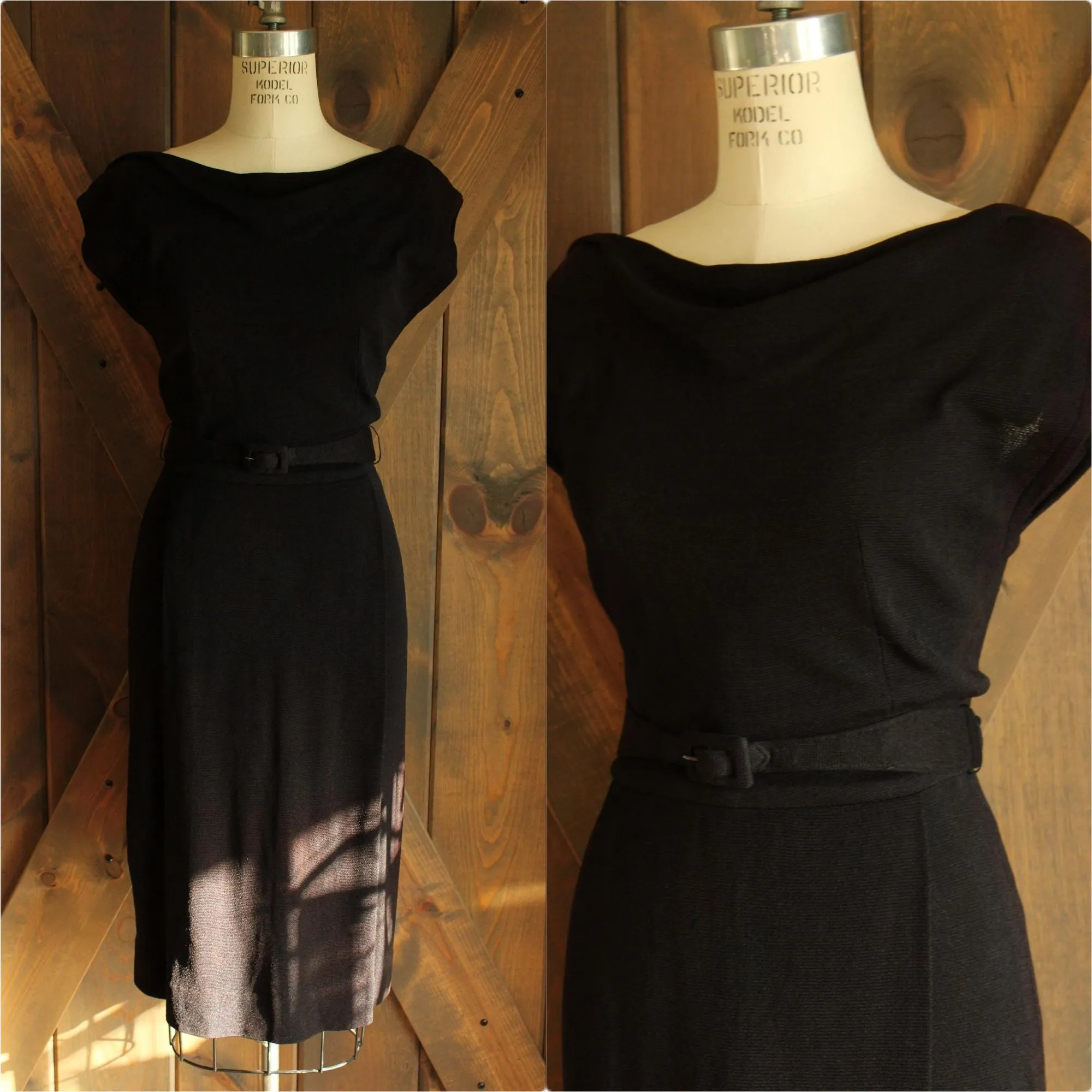 Vintage 1950s Carlye Black Wiggle Dress with Belt