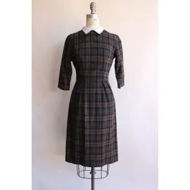 Vintage 1960s Plaid Wool Dress with White Collar