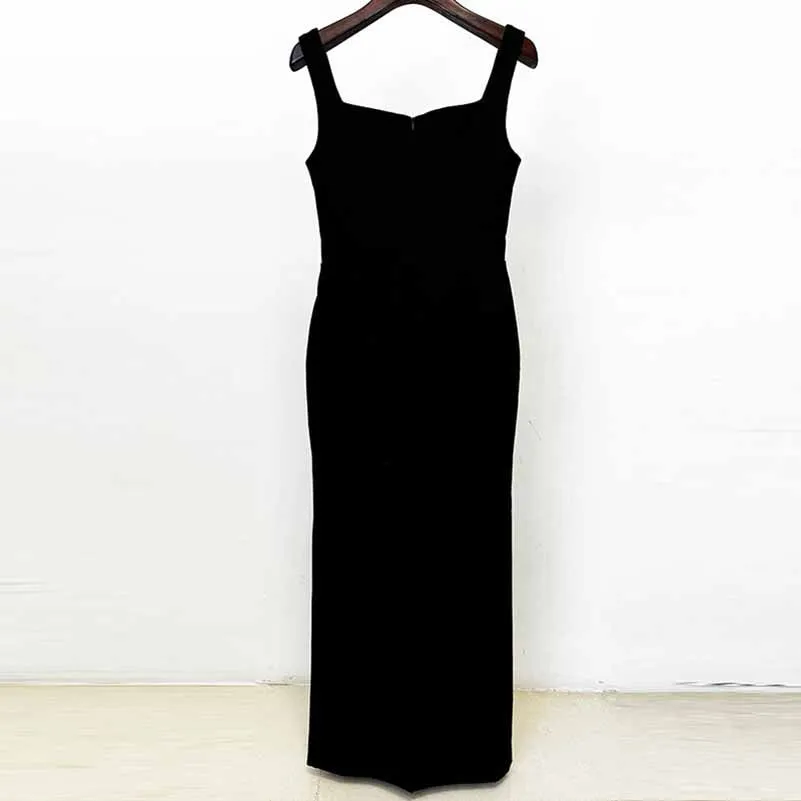 Women Luxury Beaded Crystal Black Midi Dress