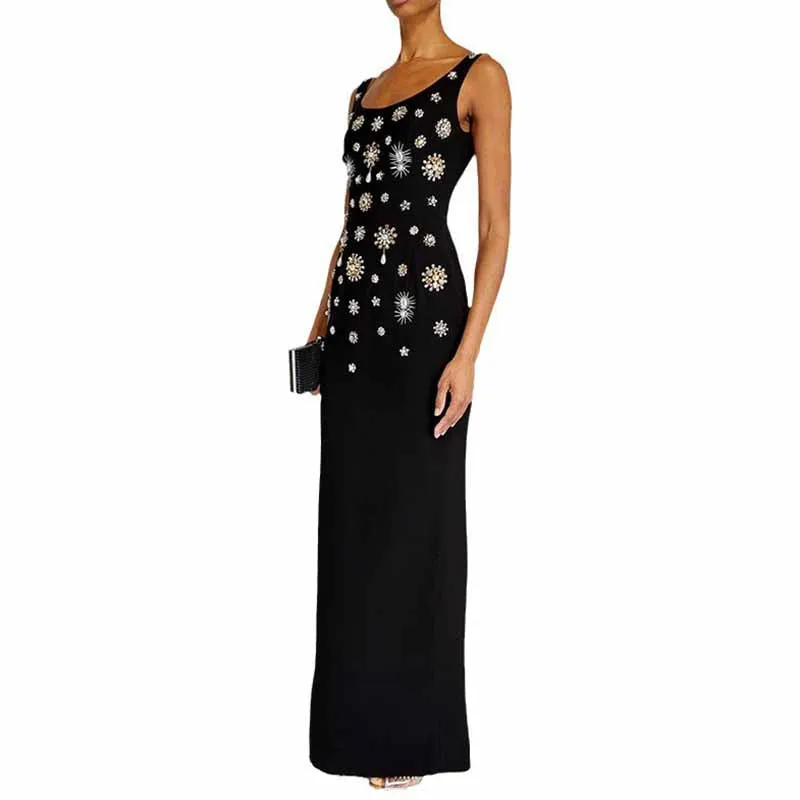 Women Luxury Beaded Crystal Black Midi Dress