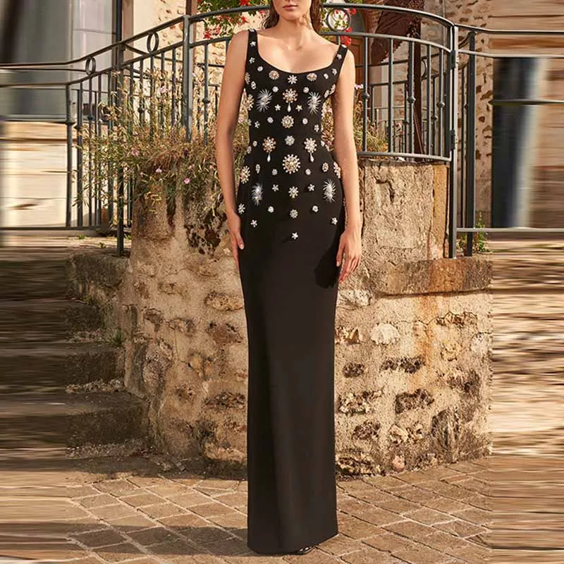 Women Luxury Beaded Crystal Black Midi Dress